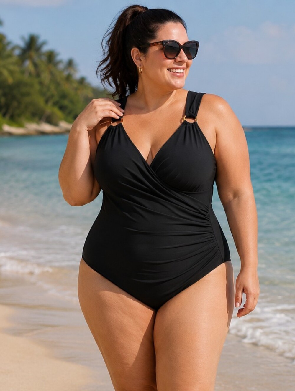 Liz Claiborne Black V Neck One Piece Swim Suit. NWT